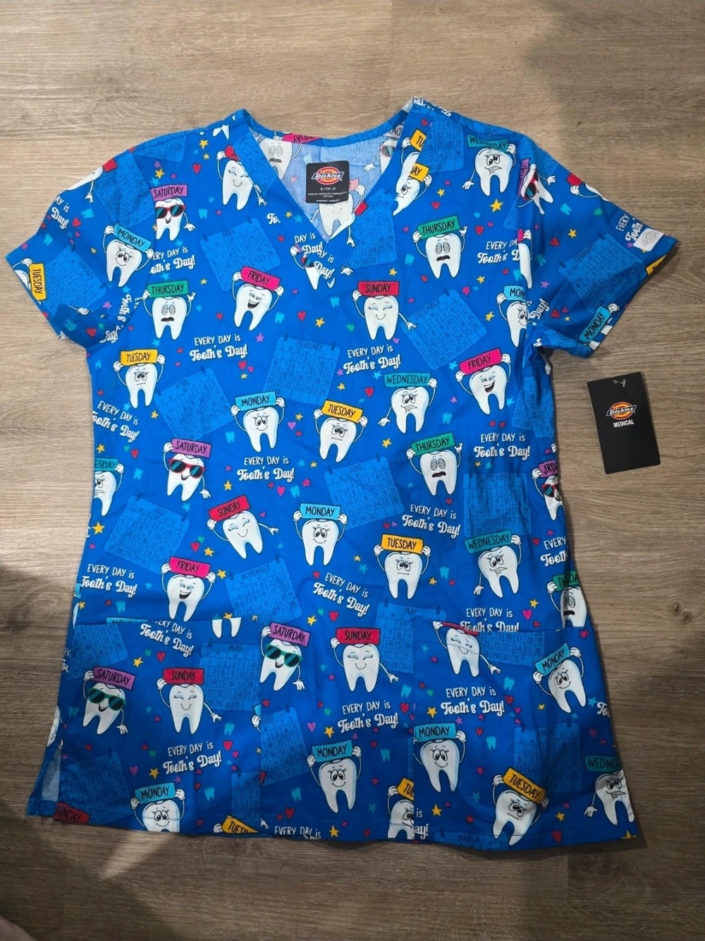 Dickies Bright Blue Dental Print V-Neck Scrub Top